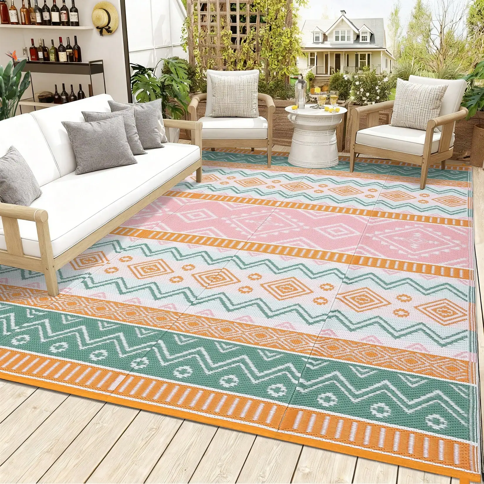 

Garden Decor Outdoor Rug Geometric Floral Carpet Plastic Straw Waterproof Patio Area Rug For Balcony Deck Picnic Portable C