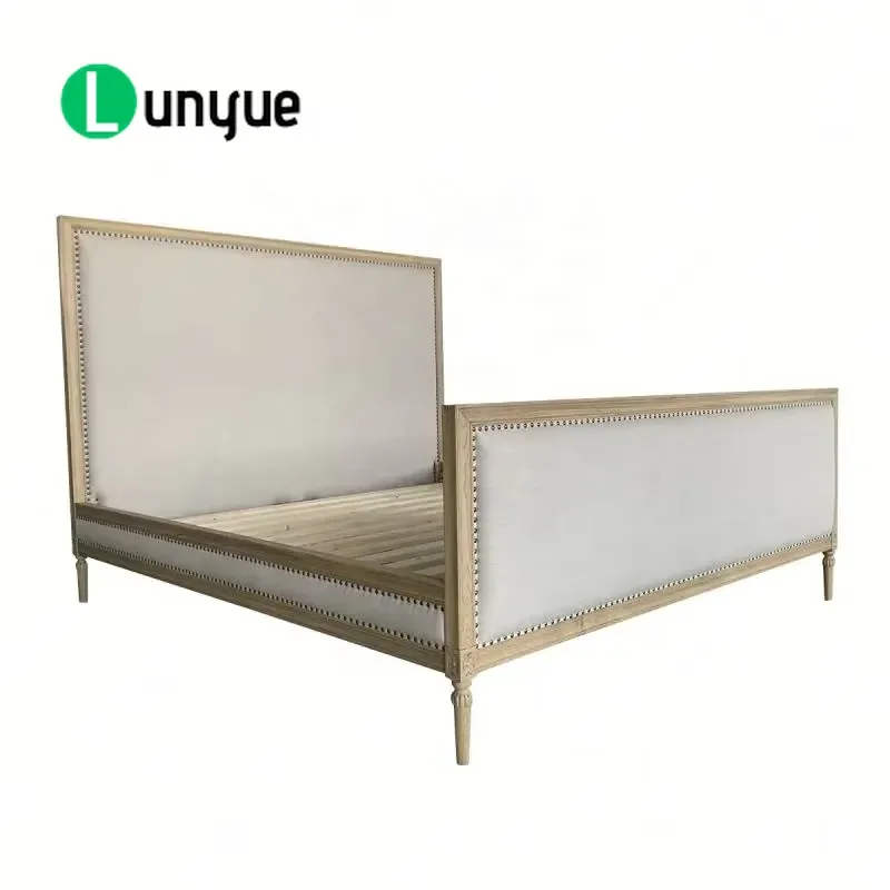 King Size Upholstered Linen Bed with Antique Natural Wood Frame Nail Head Decor Carved Legs Foot Pedals Hotel Bedroom
