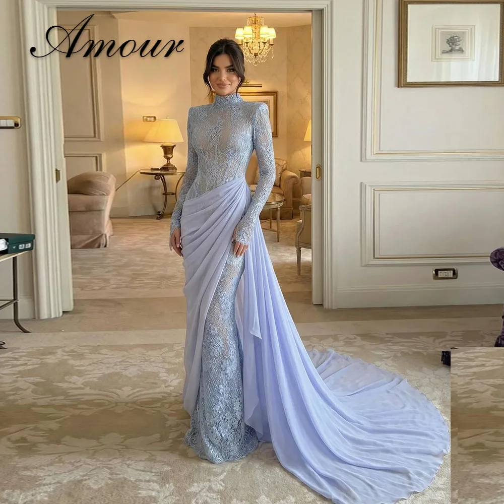 Vestidos de Noche de Cuello Alto Amour Saudi para Mujer, con Apliques, Estilo Sirena, para Fiesta de Graduación, con Cola Larga, Personalizados, Vestidos de Novia 2026