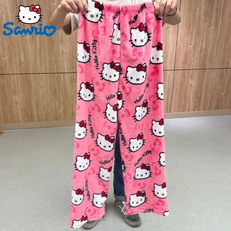 Y2k Sanrio Hello Kitty Pajamas Women Autumn Winter Flannel Sleepwear Fashion Black Pink Print Trouser Cartoon Cute Home Clothes