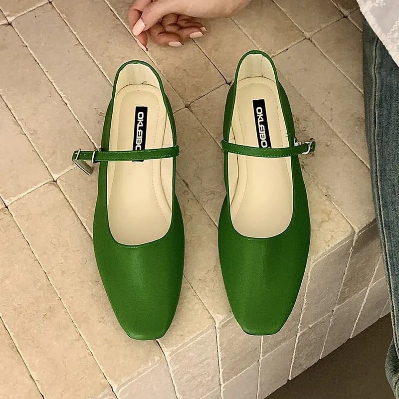 

Новые женские туфли Мэри Джейн 2026 года, зеленые, весенние, модные, с круглым носком, на плоской подошве, элегантные, мягкие, на низком каблуке