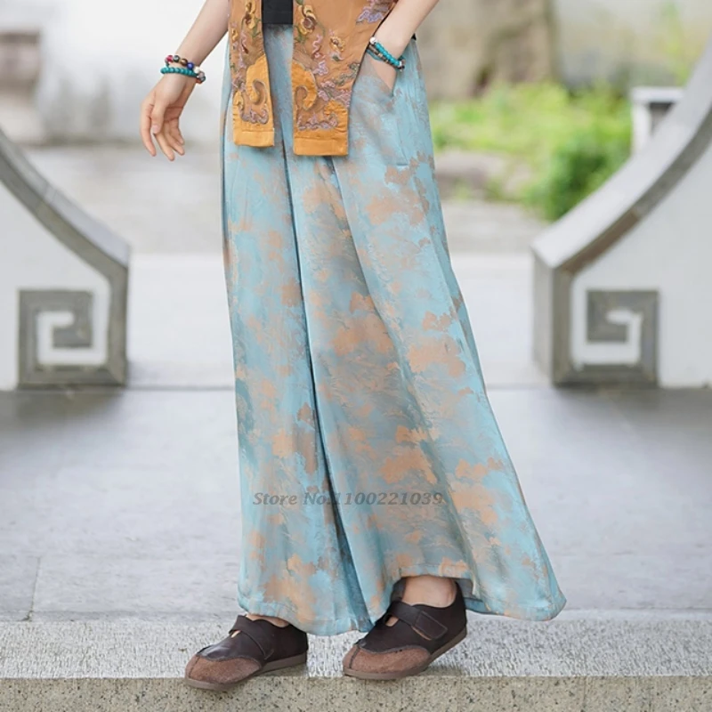 2025 chinese vintage pants national flower print pants women traditional wide leg trousers oriental retro satin folk loose pants