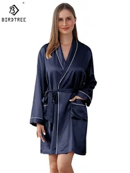 Birdtree 19Momme 100%Pure Mulberry Silk Robe for Women Silky Sleepwear Ladies Elegant Nightgown V-neck Natural Pajamas P41112QM