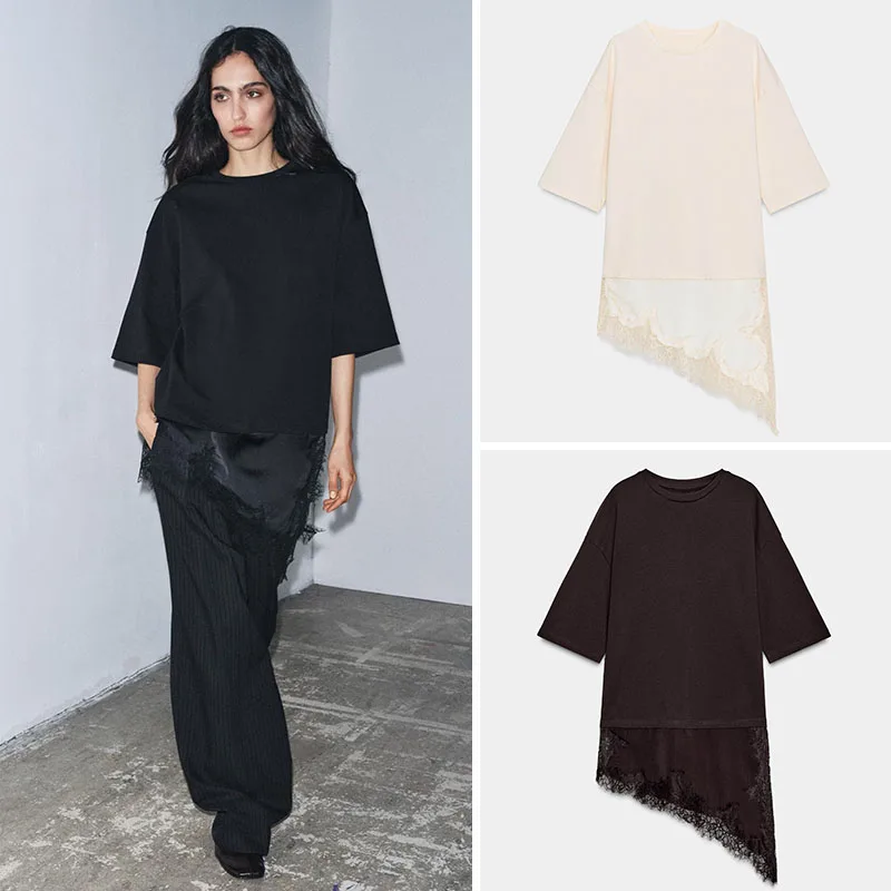 

Casual round Ne ort Sve T-irt Lace Patchwork Asymmetrical Hemline Women's Faion New Arrival Winter Season