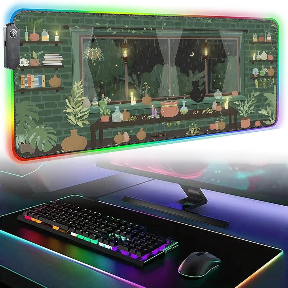 RGB Cute Desk Mat Kawaii Green Frog Mousepad Aesthetic Plants Nature Laptop Rug LED Light Mousepad Large Gaming Mouse Pad