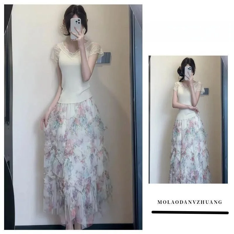 

Романтический тяжелый дизайн, простой топ, комплект в деревенском стиле Sle Ele, картина маслом, цветочная сетчатая юбка, корейский Sle для поездок на работу