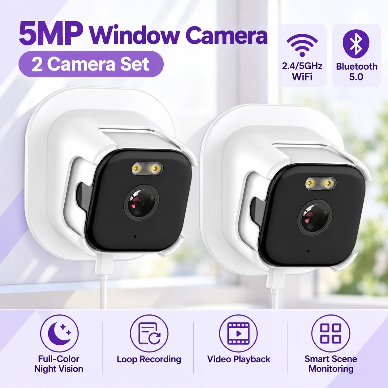 Window WiFi Camera 5MP With 2.4GHz and 5GHz WiFi Two Way Audio Starlight Night Vision SD Card Slot Video Playback for Indoor Use