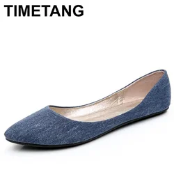 TIMETANG New Women Soft Denim Flats Blue Fashion High Quality Basic Pointy Toe Ballerina Ballet Flat Slip On Office Shoes