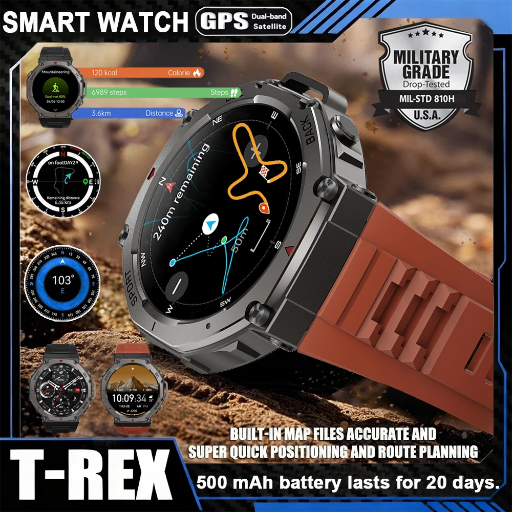 

New Dual-Band GPS Smart Watch Man T-Rex3 Pro Military 48mm 10ATM Water-Resistant 500mAh Battery Compass Altimeter GPS Smartwatch