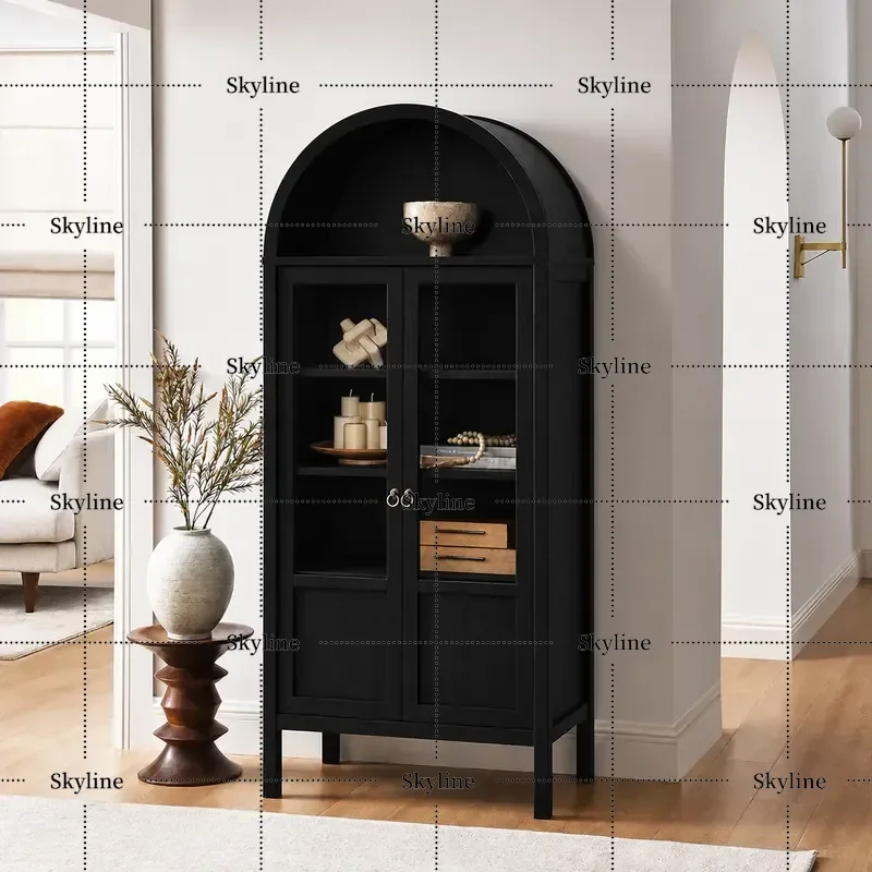 French Retro Solid Wood Bookcase American Arched Glass Door Wine Cabinet Medieval Dining Side Cabinet Living Room Display