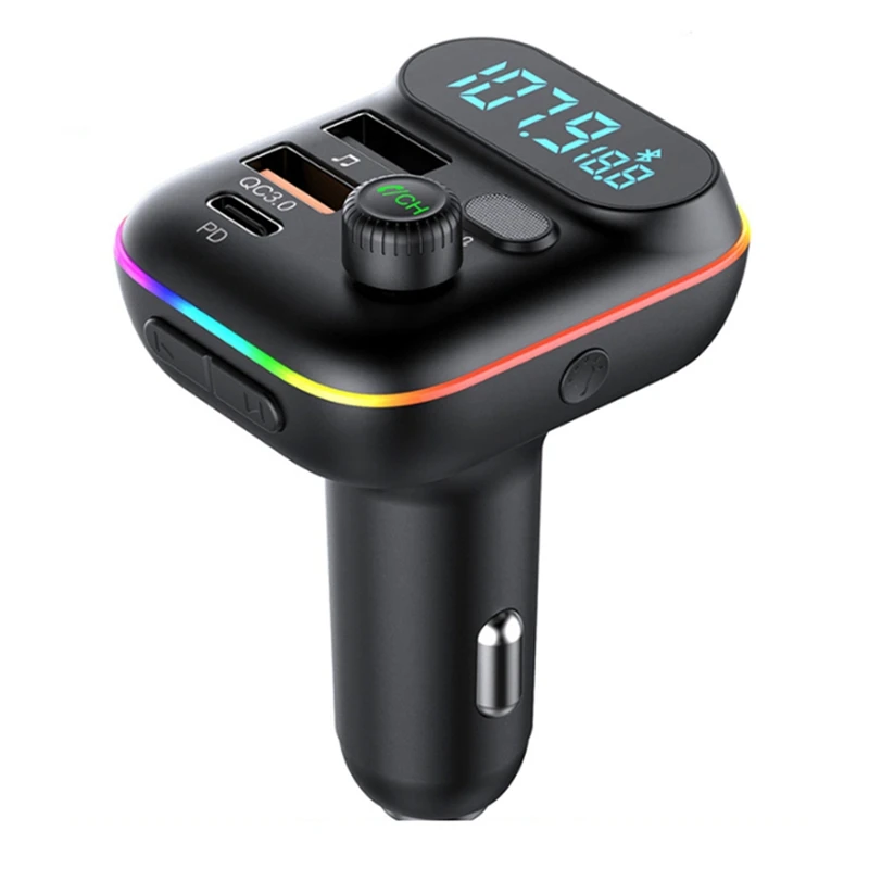 T70 Car Bluetooth 5.0 FM Transmitter PD 20W Type-C QC3.0 Dual USB Charger 7-Colorful Atmosphere Light MP3 Player Adapter