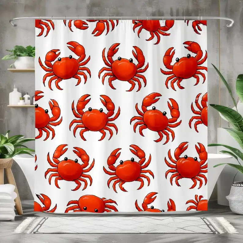 

Playful Red Crab Pattern Shower Curtain, Nautical Ocean Theme Bathroom Decor for Kids or Beach Homes, Fun Sea Life Design