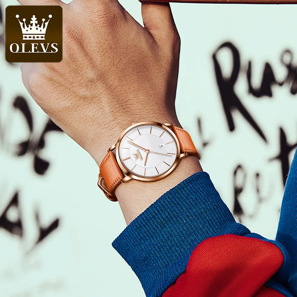OLEVS 5869 reloj de cuarzo ultrafino de 6,5mm para hombre, correa de cuero de moda, reloj de pulsera Simple de lujo con fecha automática, reloj de pulsera resistente al agua para hombre