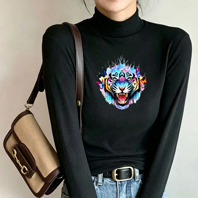 Winter Women's Thermal Brushed Fleece Half Mock Neck Long Sleeve T Shirt Tiger Head Butterflies Graphic Warm Tee