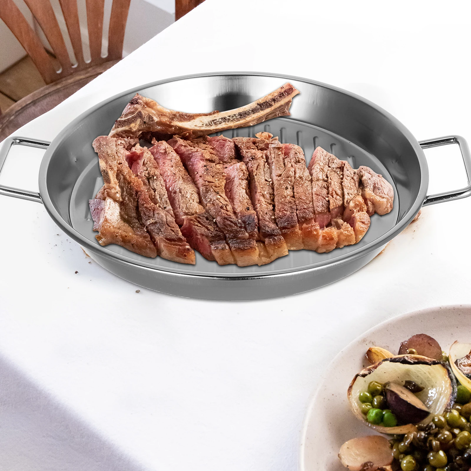 

Golden Stainless Steel Barbecue Plate 20Cm Round Oil Filter Snack Serving Tray Double Ears Design Seafood Steak Plate For