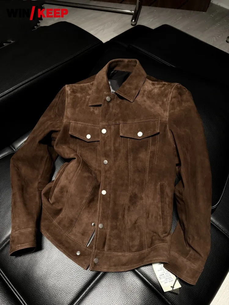 Luxury Mens Real Suede Leather Jacket Autumn Business Work Coat Spring Single Breasted Slim Fit Natural Suede Jacket Outerwear