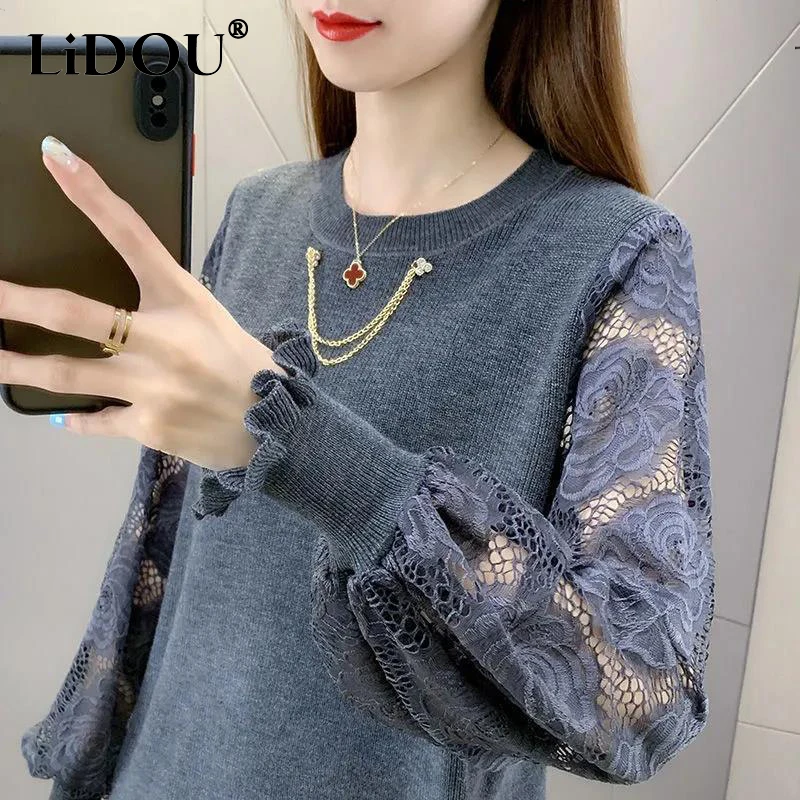 Autumn Winter O Neck Lace Jacquard Patchwork Elegant Fashion Sweaters Women Loose Casual Chain Pullover Korean All-match Jumper