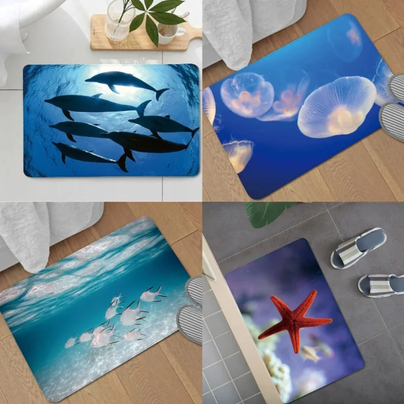 Blue Entrance Doormat Ocean Dolphin Jellyfish Starfish Pattern Carpet Living Room Bedroom Decoration Rug Home Decoration