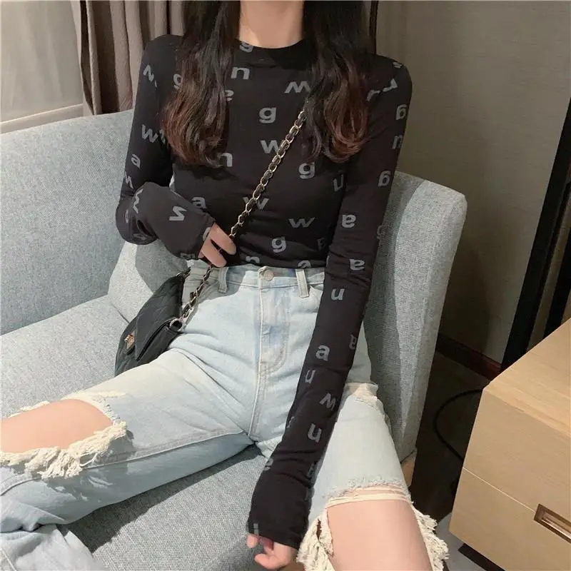 Spring Autumn New Fashion Pure Cotton Printing Letter T-Shirts Women\'s Clothing Round Neck Long Sleeve Pullovers Korean Thin Top