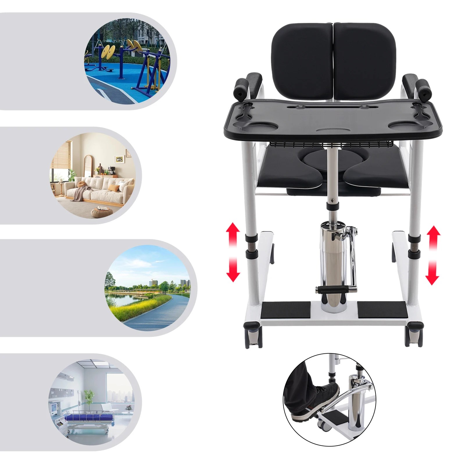 Picture 3: NEW Hydraulic Transfer Chair, Height Adjustable w/Table Tray,Lockable Wheels and 180° Split Seat, Shower Chair for Elderly Black