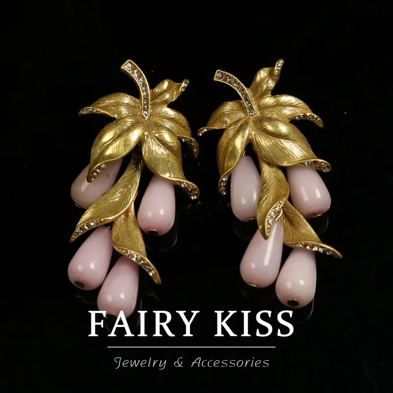 

European and American Fashion Trends Vintage Heavy Industry Niche Design Leaves Fruit Shape Inlaid Stone Earrings