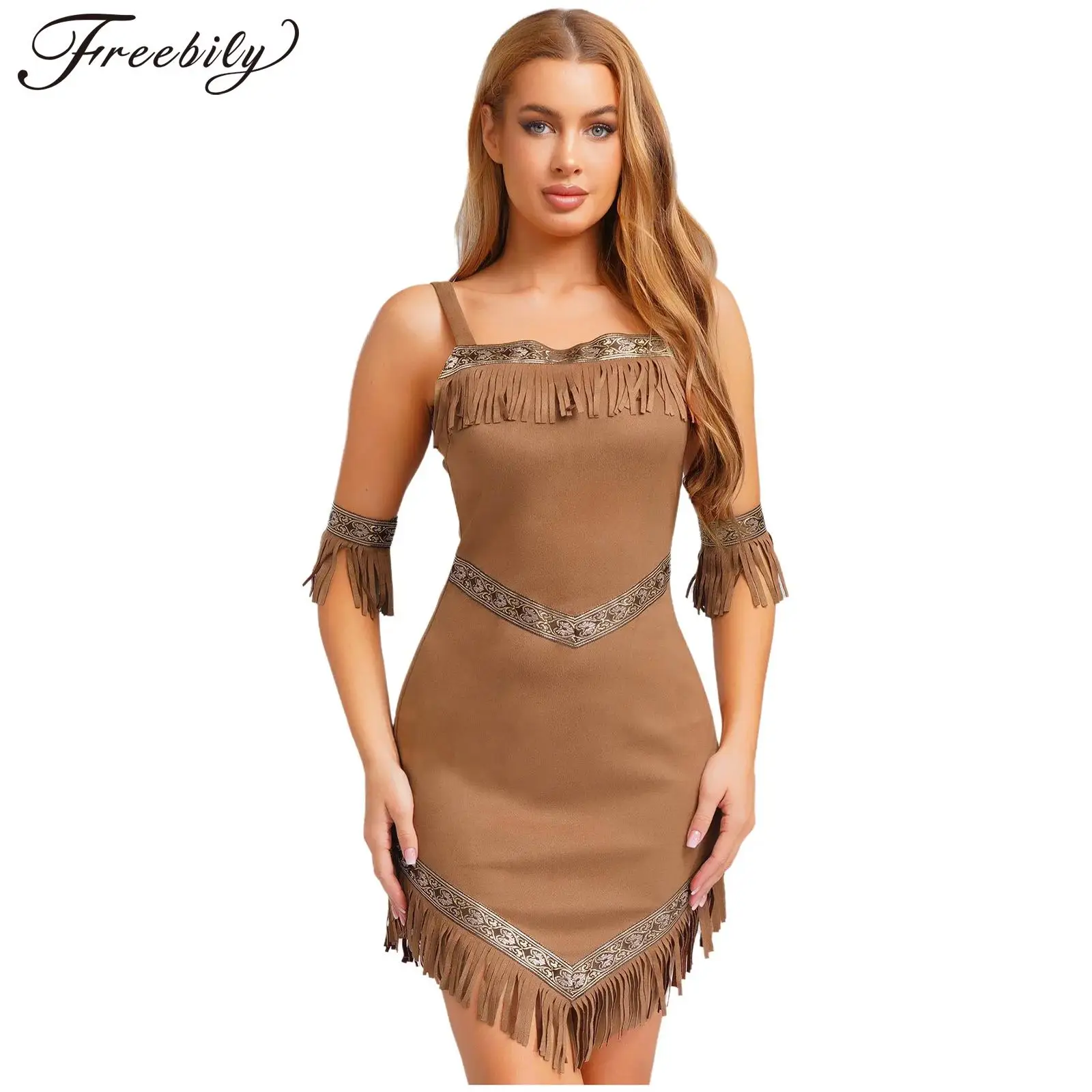 Women Faux Suede Tassel America Aboriginal Dress with Armbands Halloween Theme Party Native Tribe Queen Princess Cosplay Costume
