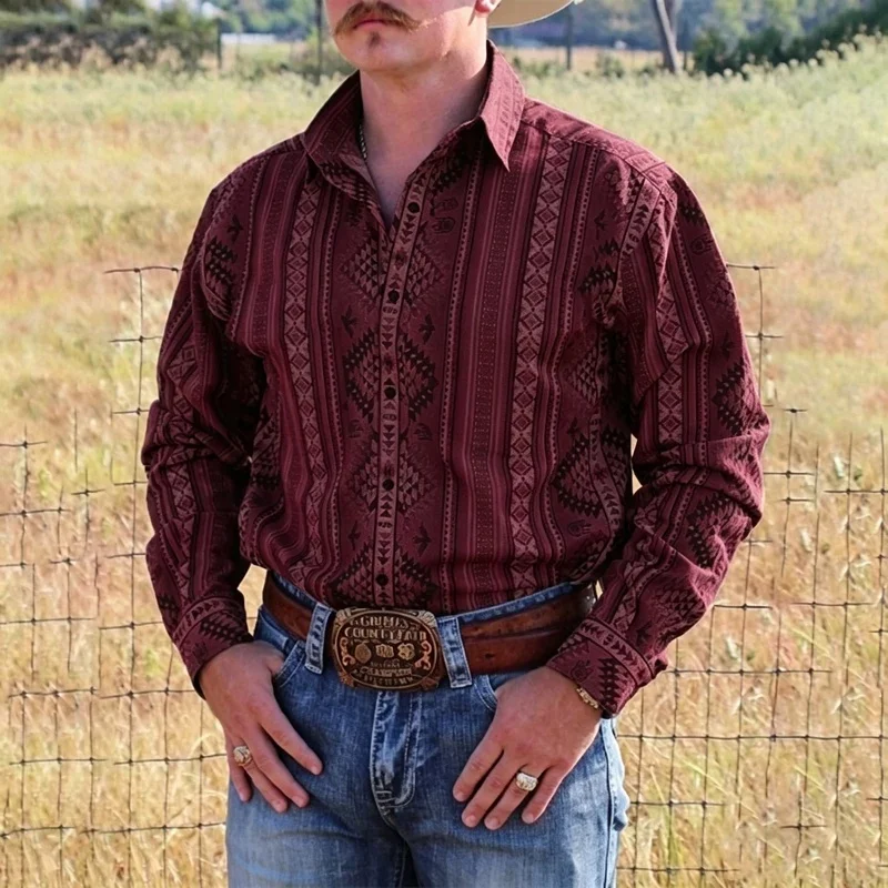 Men's Long Sleeve Western Retro Navajo Ethnic Print Shirt, Country Cowboy Collar Casual Blouse view 2