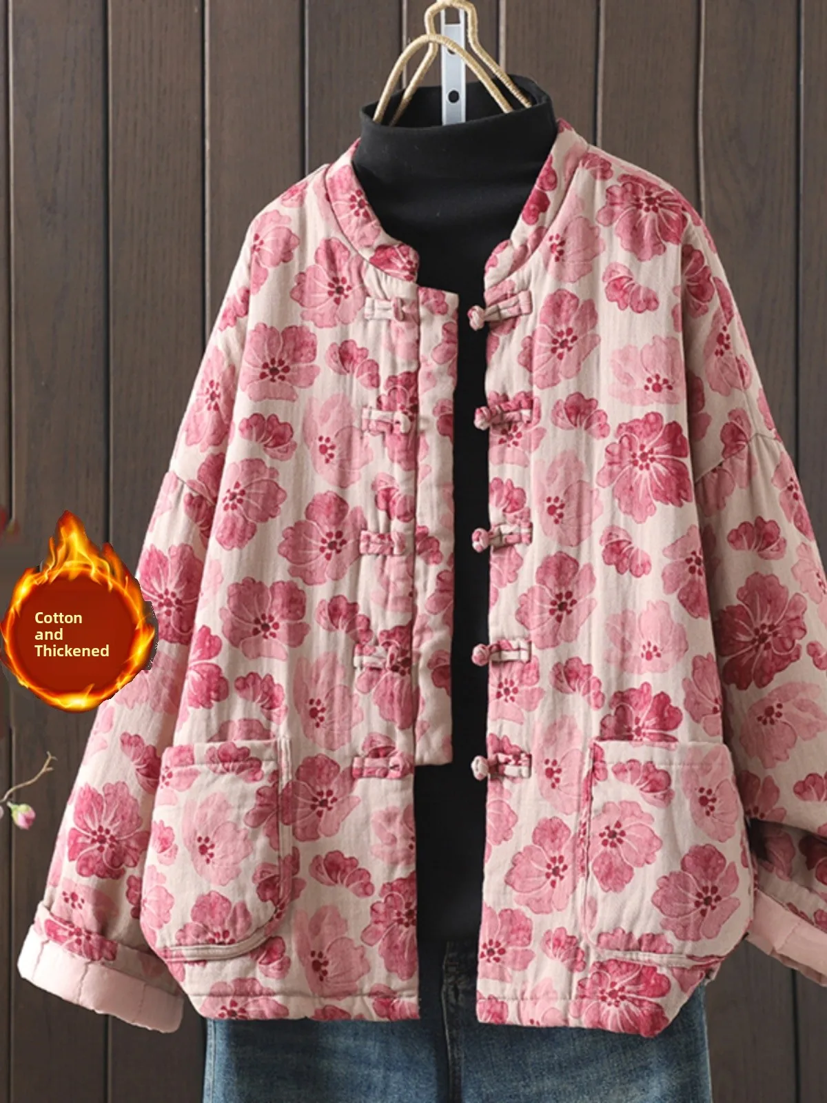 Retro Print Chinese Sle Loose Cotton Jaet Women's Coat with kets Faionable Outerwear Long Sve Commute Friendly