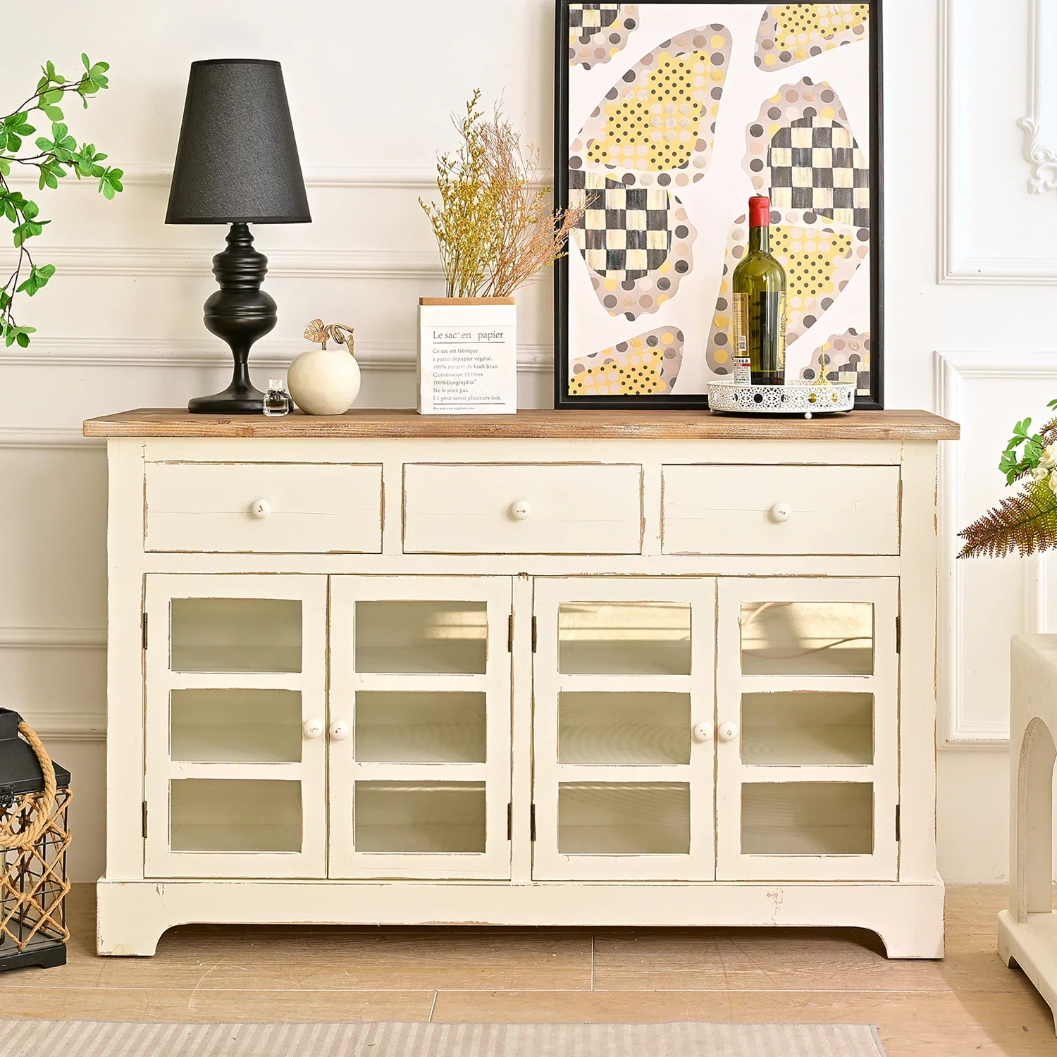 Country Living Room 3 Storage Drawers White Wooden Cabinets with Glass Doors