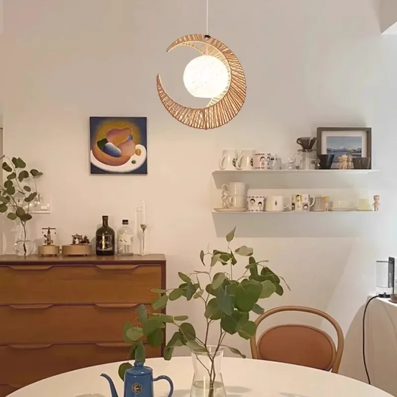 Retro Wabi Sabi Yellow Rattan Hemp Rope Moon Pendant Light Living Room Bedroom Restaurant Bar Handmade Droplight Home Decor Lamp