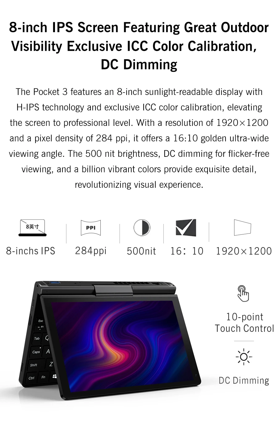 GPD Pocket 3 8'' Mini Handheld Laptop Intel Pentium Gold 7505 Touchscreen 180° Foldable Portable Notebook 16GB LPDDR4X 512GB SSD