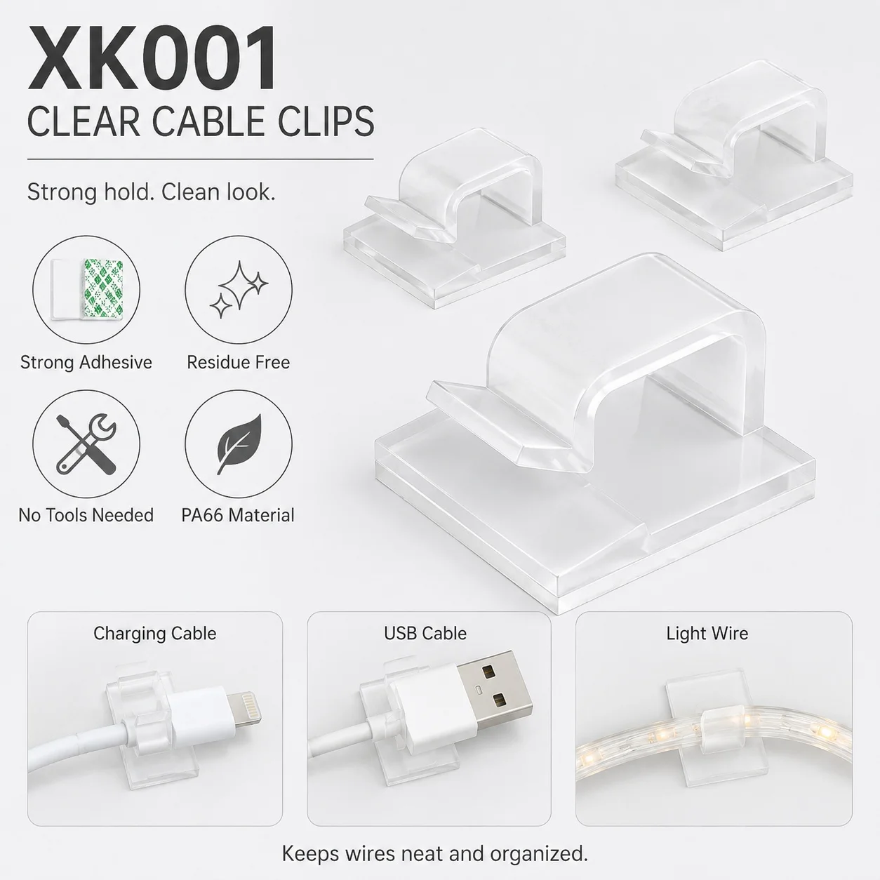 45 Pack Clear Cable Clips, Strong Residue Free Adhesive Cord Holders, PA66 Wire Organizer for Plastic Metal Glass Wood Desk