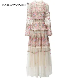 New 2023 Vintage Fashion Designer Dress Women's Mesh Embroidered Translucent Lantern Sleeve Slim White Long Dress