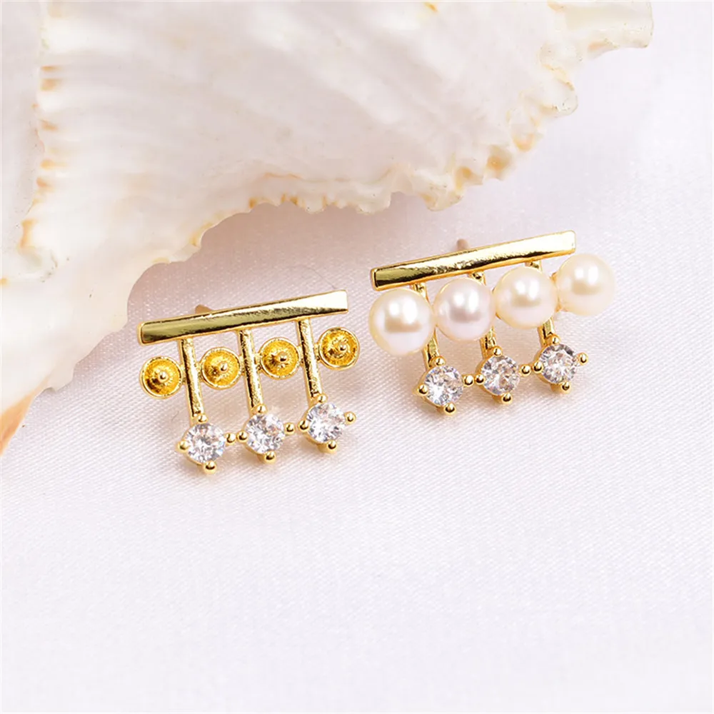 Domestic 14k Gold Color Four Rows of Zircon Pearl Small Stud Earrings Empty Support DIY Accessories Temperament Women