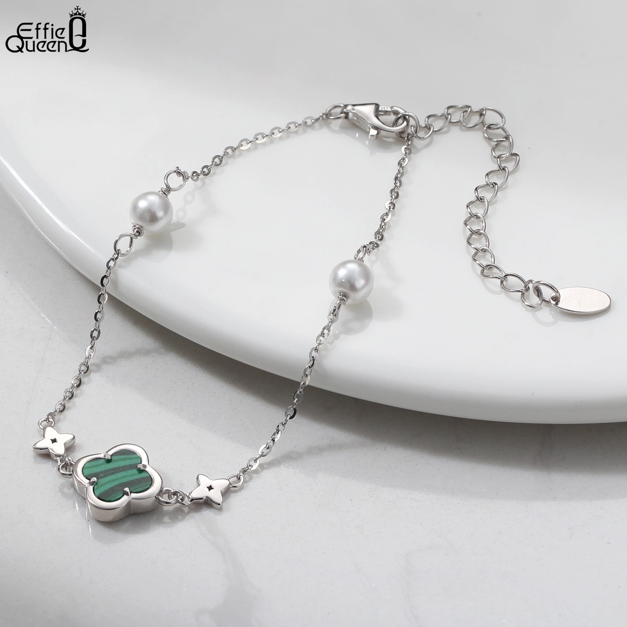 

EFFIE QUEEN 14K Gold 925 Sterling Silver Malachite Bracelet O-Chain With 5mm Shell Pearl Symbol Of Riches & Good Fortune GMB69