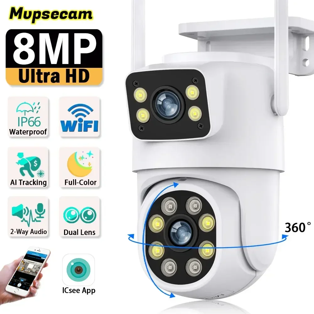 8MP Surveillance Camera WiFi Outdoor Waterproof Wireless Security Camera Dual Lens Security Protection IP Camera AI Track ICsee