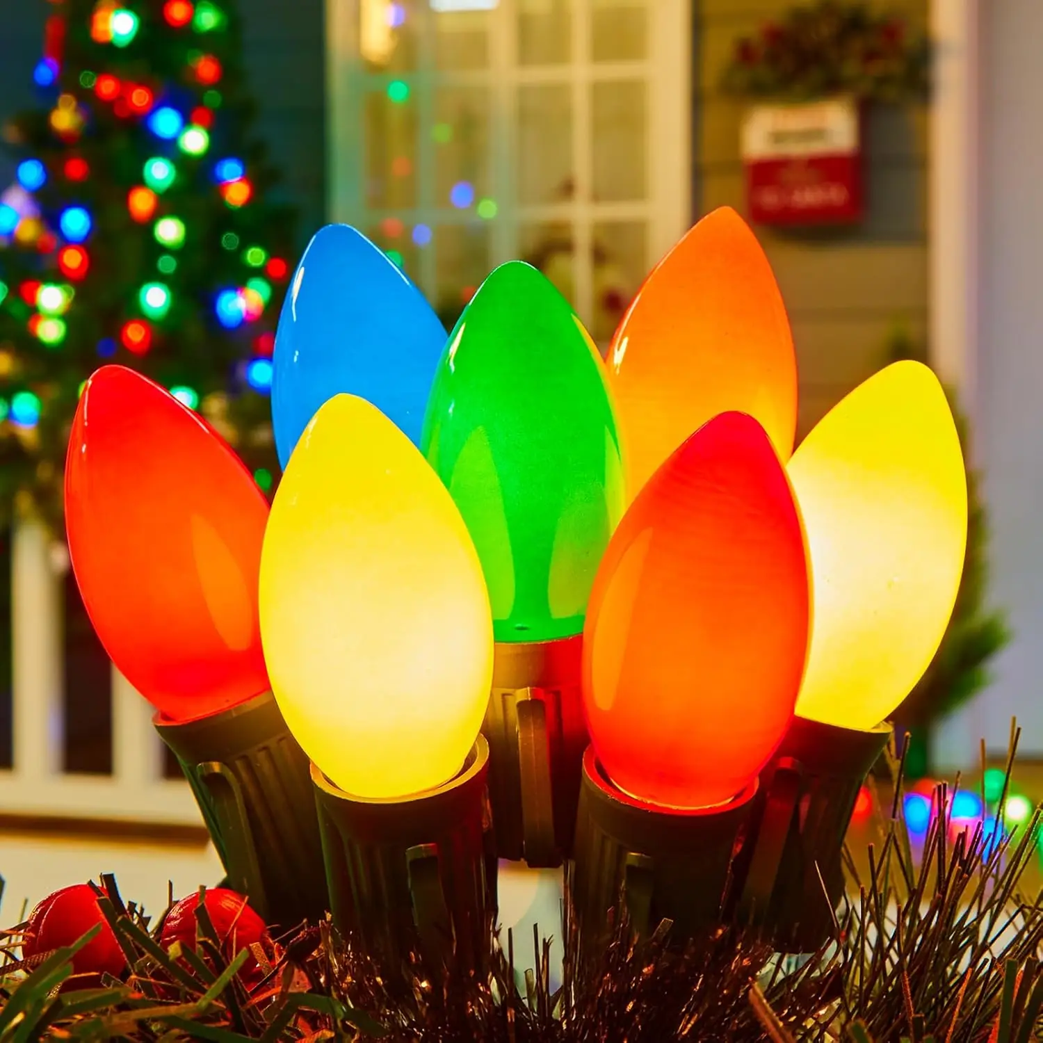 Рождественские гирлянды C9 для улицы, многоцветные, винтажные рождественские гирлянды C9 50 футов для домашнего рождественского декора патио, основание E17, зеленый провод