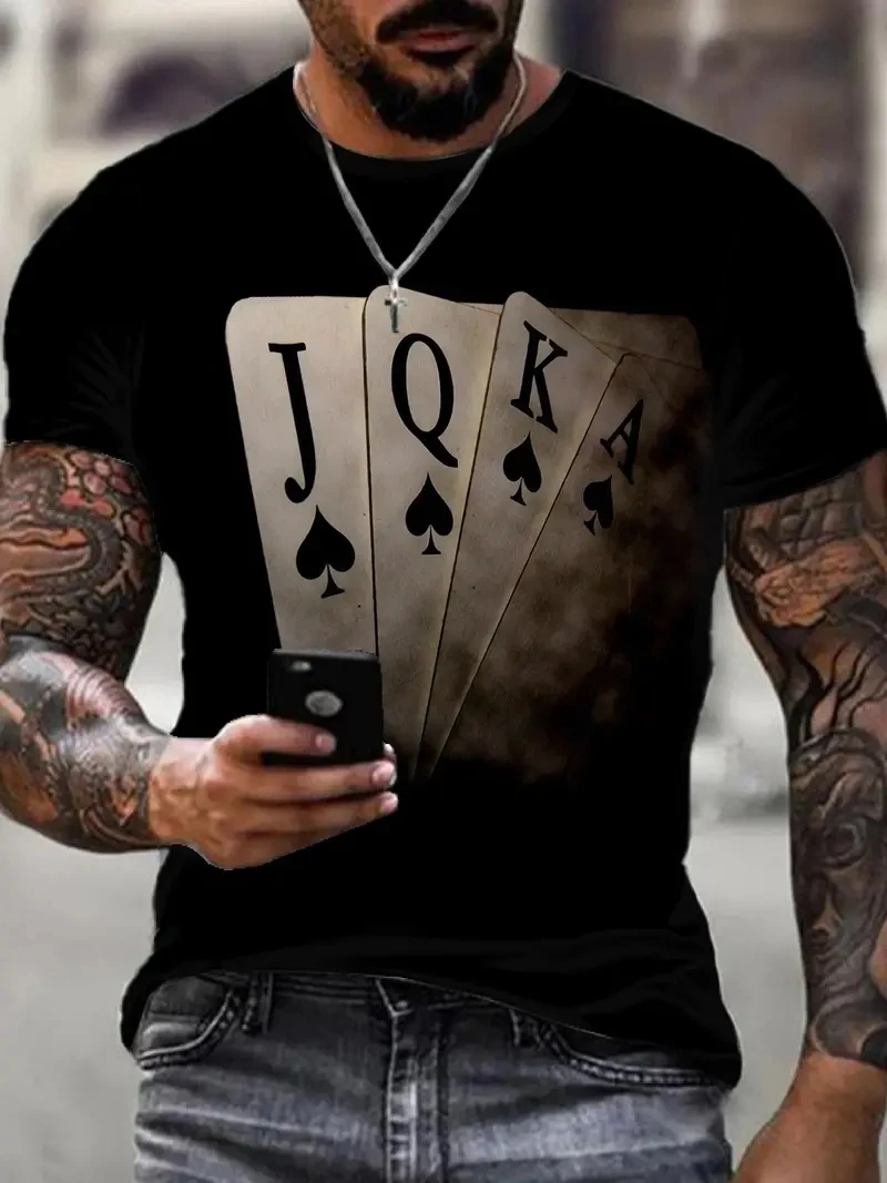 Fashion 3D printing poker card pattern men\'s round neck T-shirt, summer trend design polyester breathable casual short sleeve