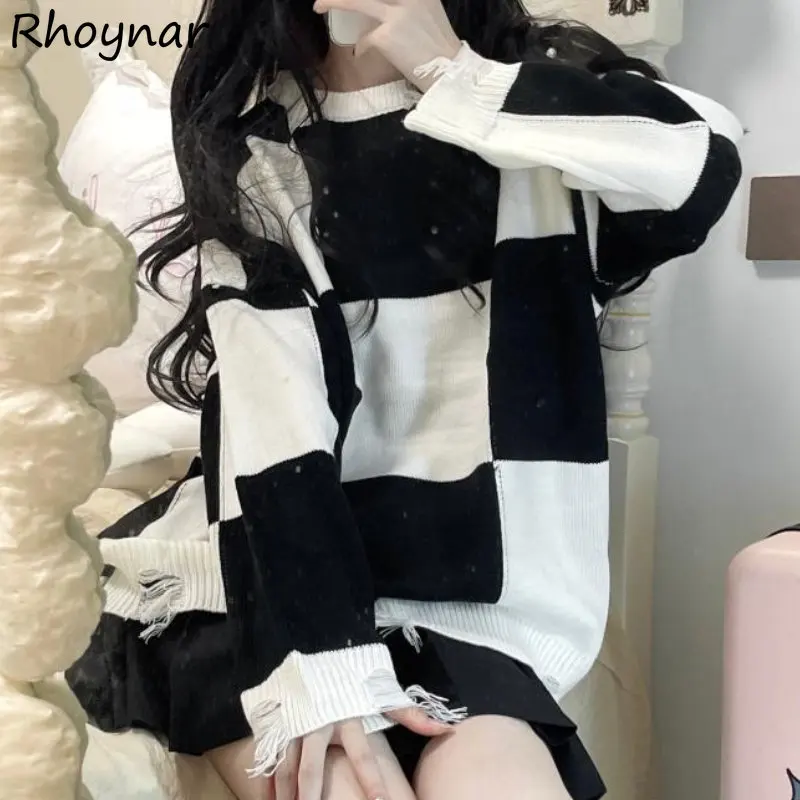 

Plaid Ripped Pullovers Women Baggy Streetwear Personal Sweet Girlish Preppy O-neck Knit Japanese Hipster Trendy Clothes Свитер