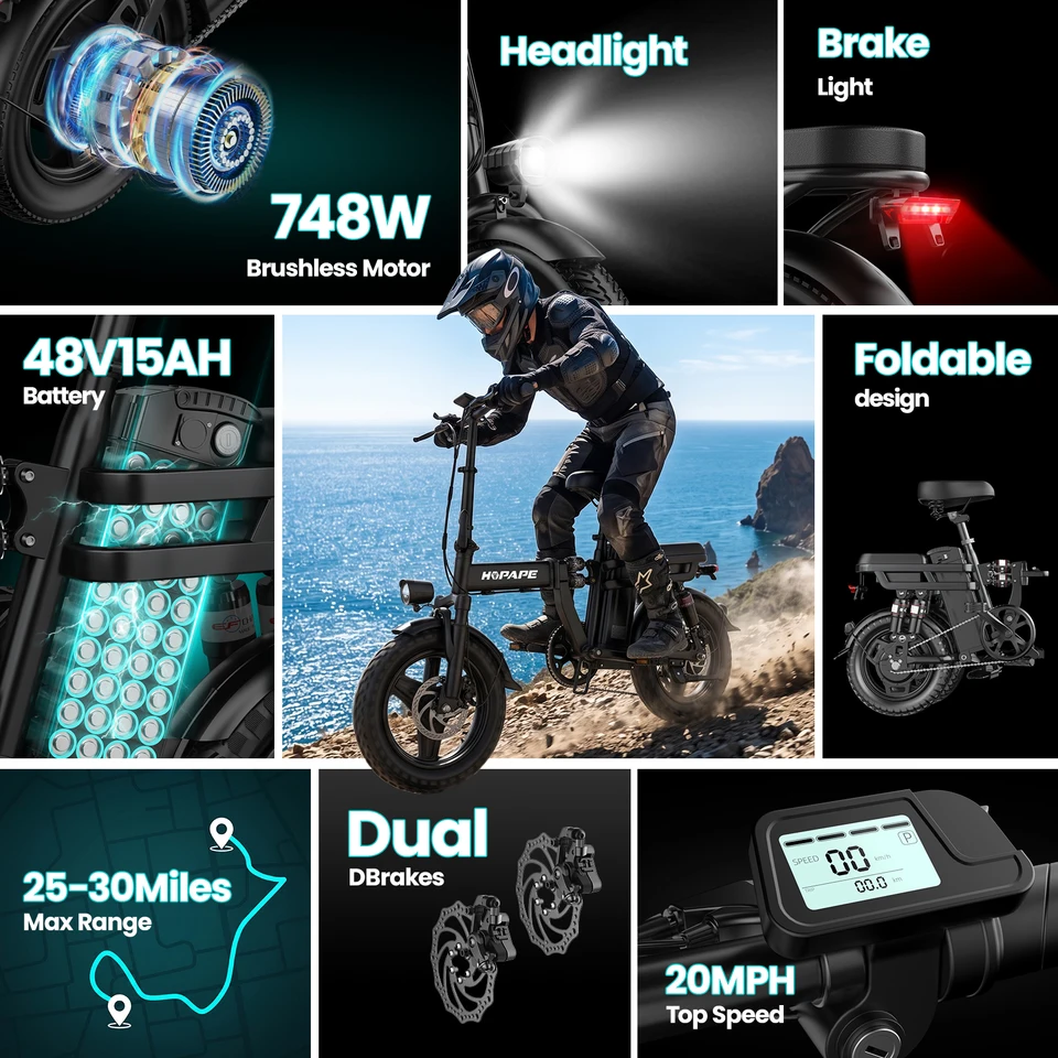 HOPAPE Foldable Electric Bike 748W Brushless Motor 48V 15Ah Battery 8-Layer Shock Absorption 20MPH Max Speed 25-30 Miles Range Dual Disc Brake 14"x2.125" All Terrain Folding E-Bike image 4
