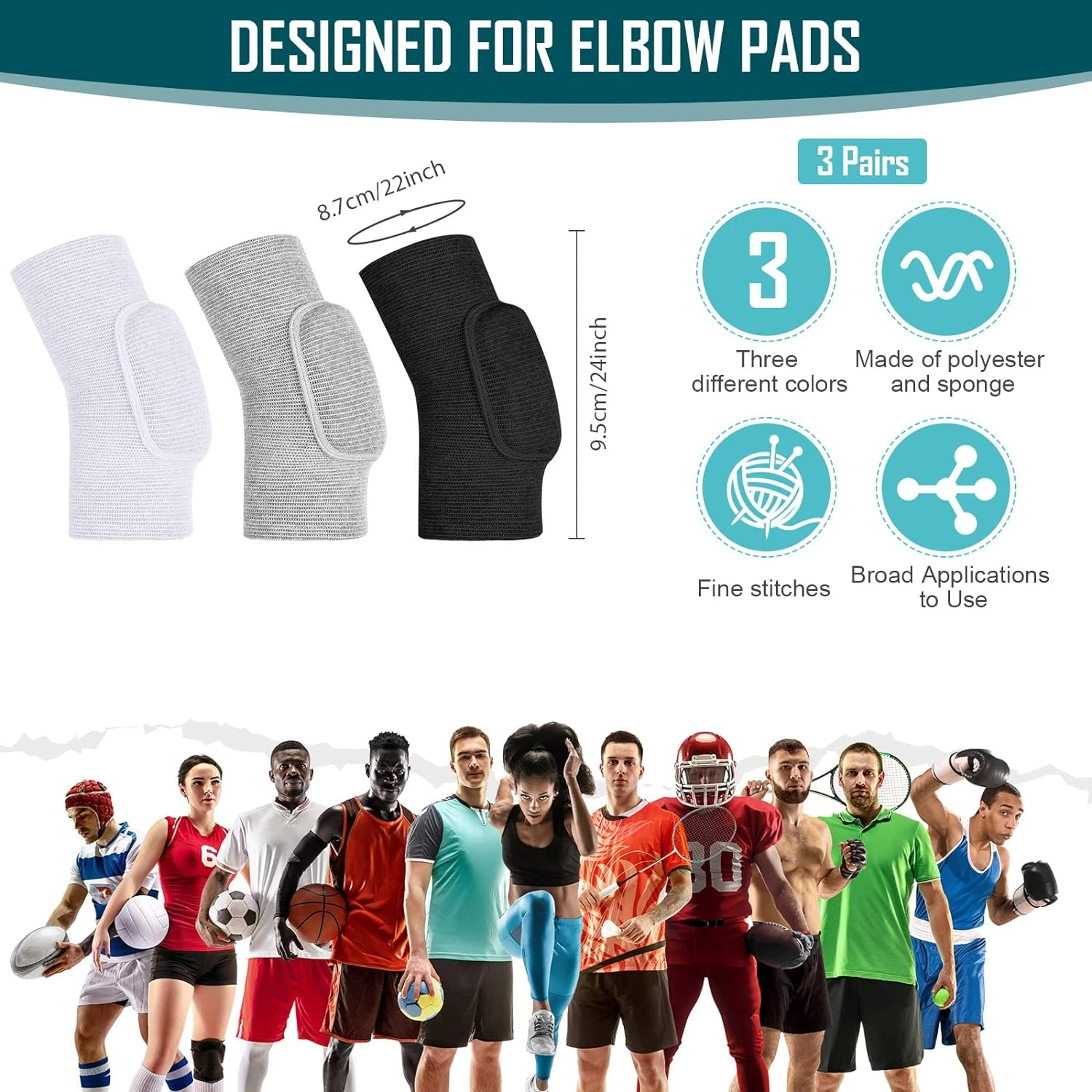 Stylish, comfortable, and breathable set of 3 protective elbow braces in black, white, and gray for youth, teen girls, boys, wom