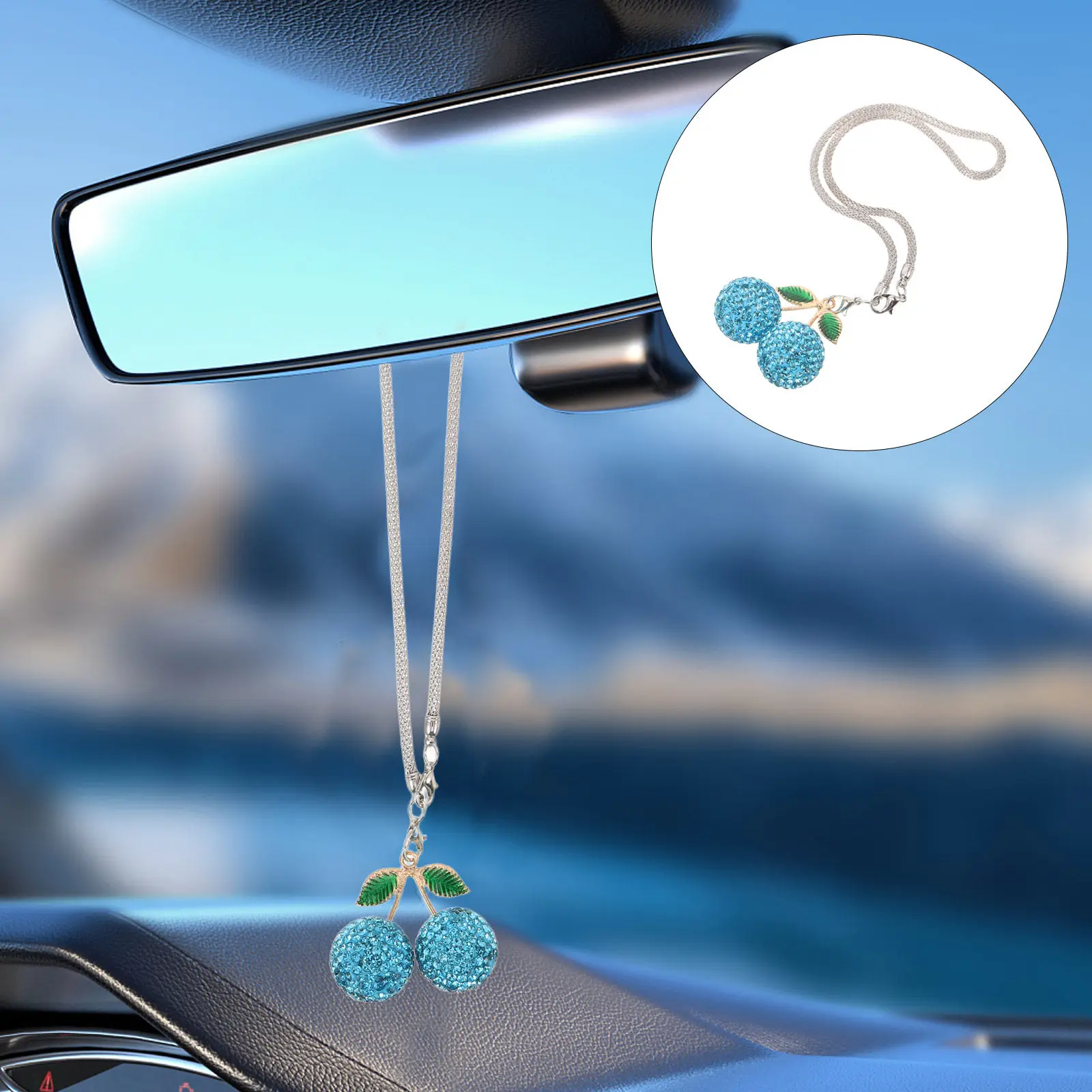Sparkly Crystal Cherry Car Hanging Ornament Cute Rhinestone Rearview Mirror Charm Lucky Car Interior Decor Accessories