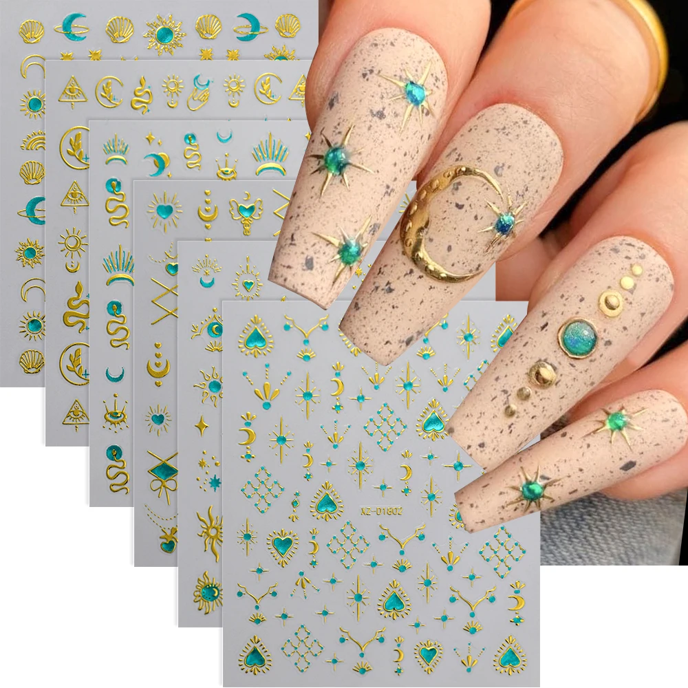 1pcs Turquoise Hot Stamping Sun Star Moon Nail Sticker Bohemian Style Metallic Heart Manicure Sliders Emerald Green Nail Decora 