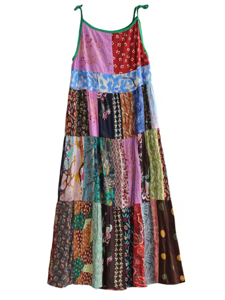 Johnature Women Vintage Patchwork Color Spaghetti Strap Dress 2025 Summer New Chinese Style Sleeveless Female Dress