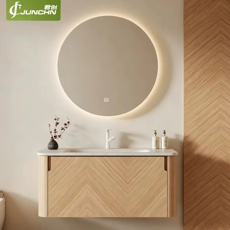 Custom American Light Wood Floating Bathroom Vanity, Travertine Sintered  Integrated Sink With Round LED Backlit Mirror