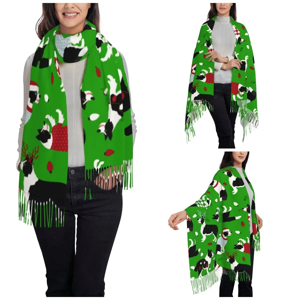 Christmas Border Collie Dog Scarf for Women Fall Winter Pashmina Shawls and Wrap Long Scarves with Tassel for Daily Wear