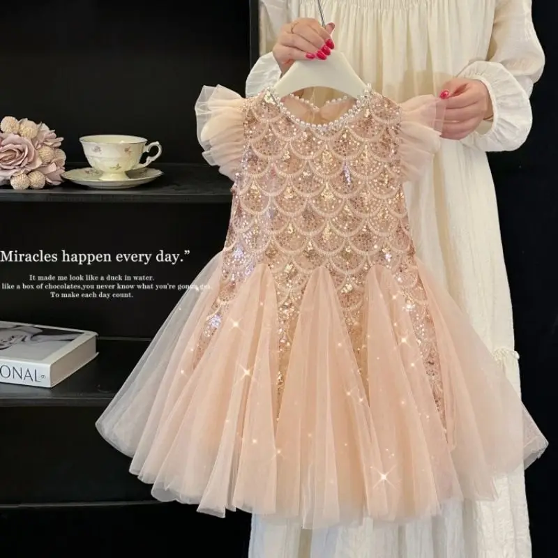 New Summer Party Dresses for Girls Children's Elegant Fashion Mesh Flying Sleeves Sequined Tank Top Princess Skirt