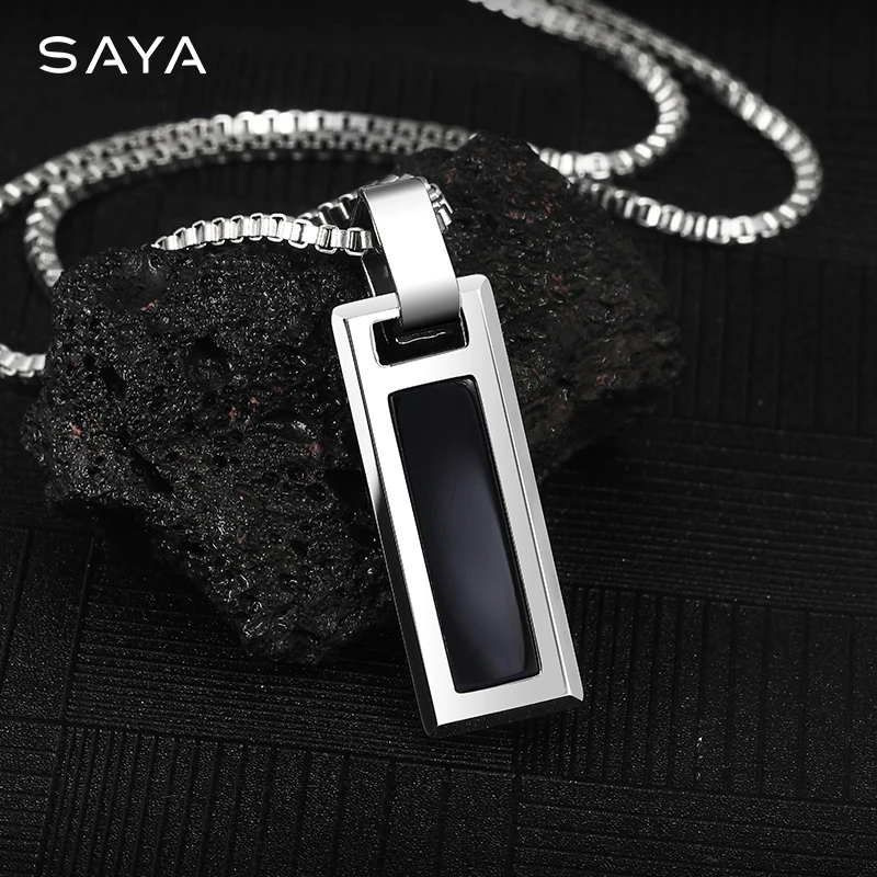 Necklace for Men Natural Turquoise Pendant High end Trendy Brand Tungsten Black Agate Fashion Versatile，Engraving