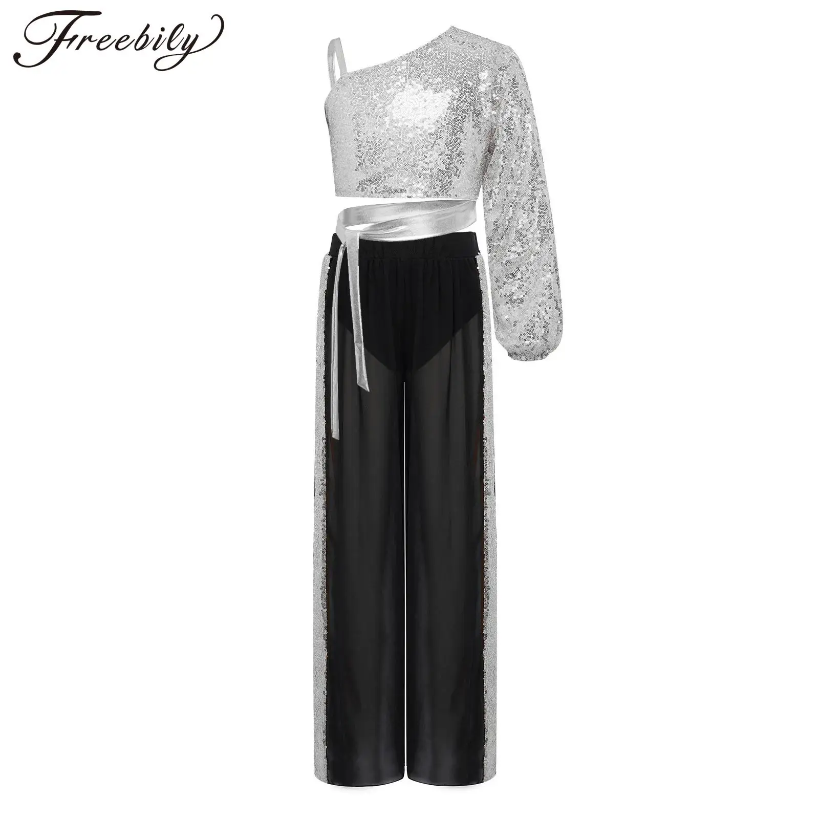 

Kids Girls Shiny Sequins Lyrical Dance Costume One Shoulder Zipper Crop Top Sheer Chiffon Wide-Leg Pants for Stage Performance