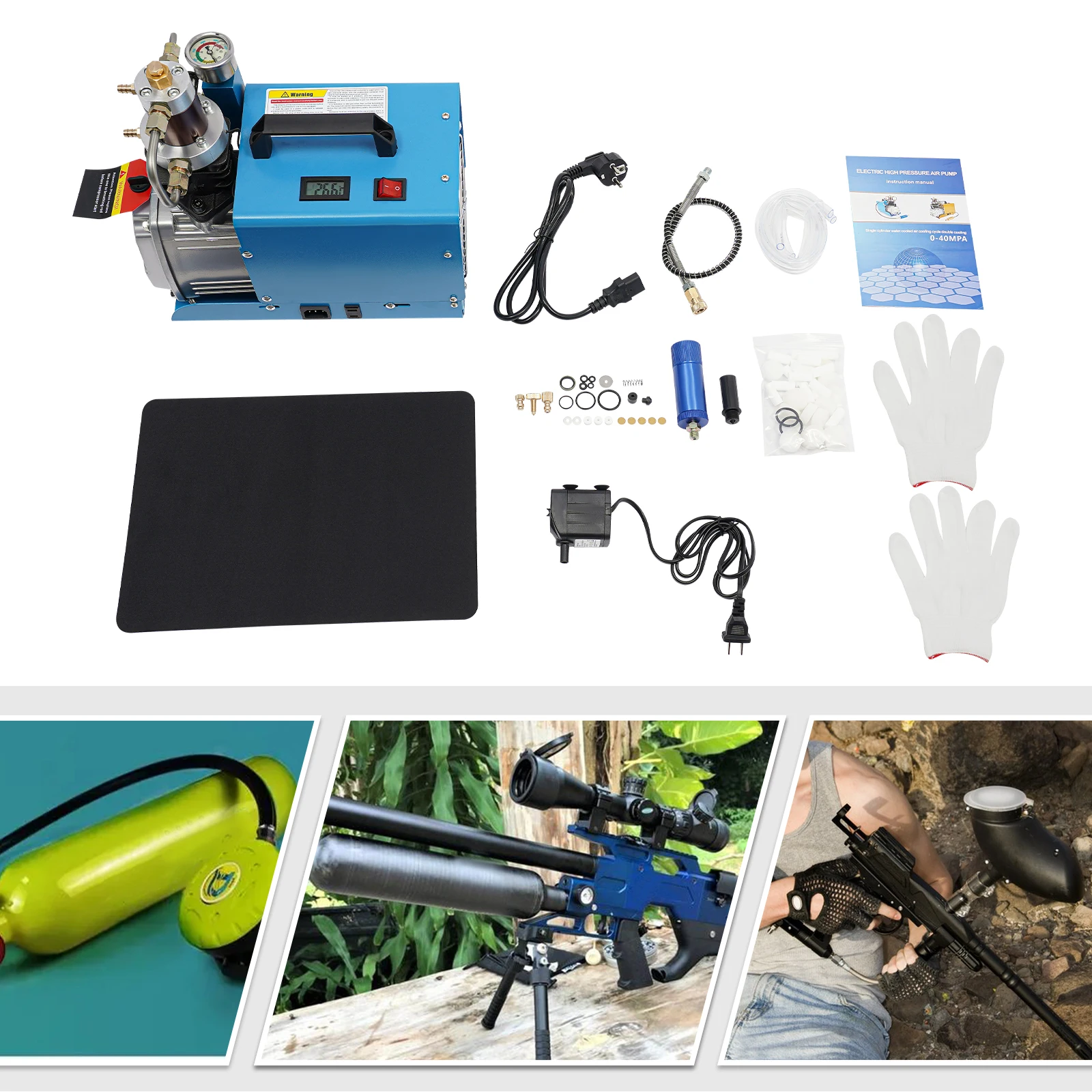 Bomba de compresor de aire de alta presión de 300bar, juego de bomba de aire eléctrica portátil de 220V y 1,8 kW con separador de aceite y agua + manómetro de 2800RPM